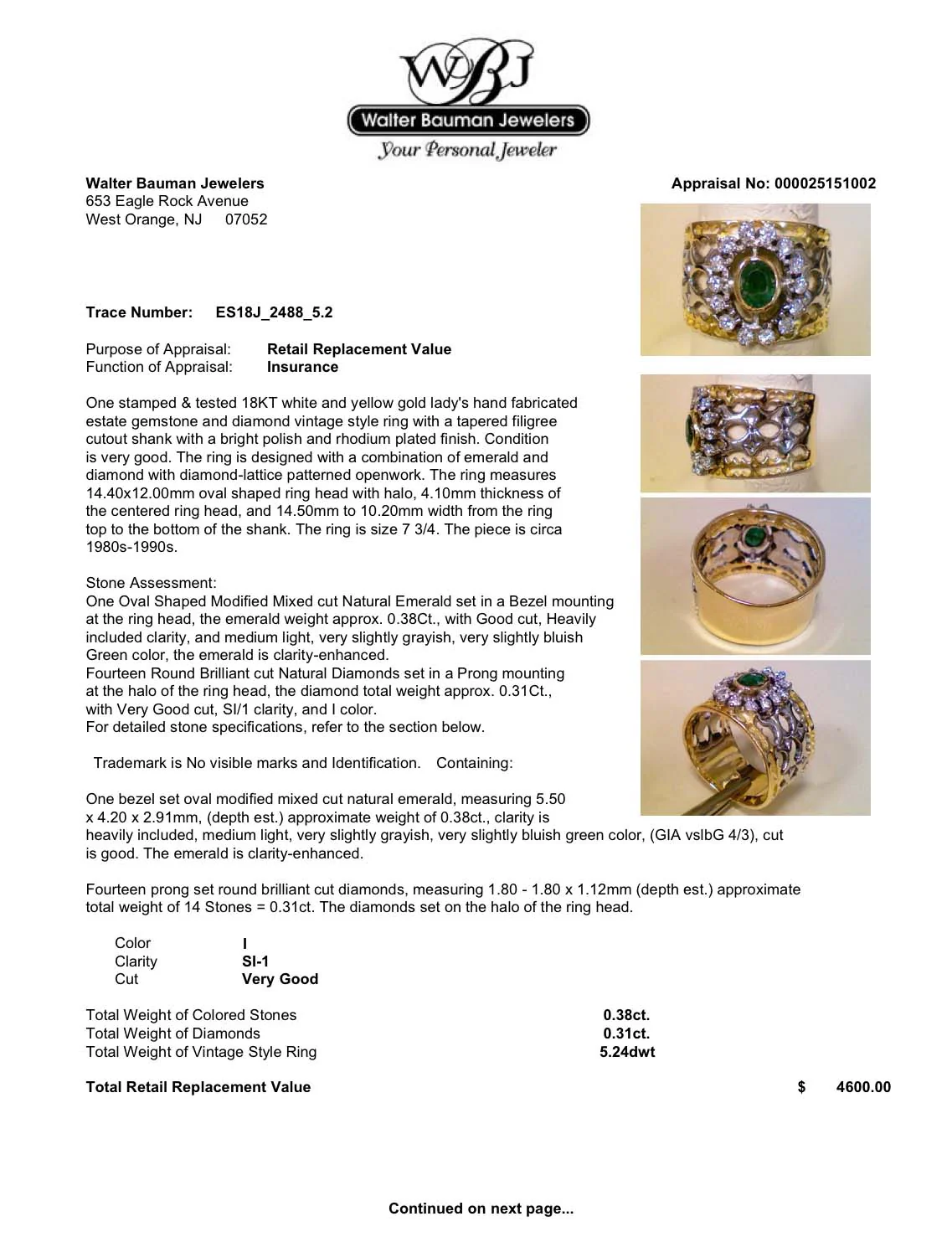 Estate 18K TT Gold 0.38ct Emerald & 0.31ctw Diamond Ring - Image 5